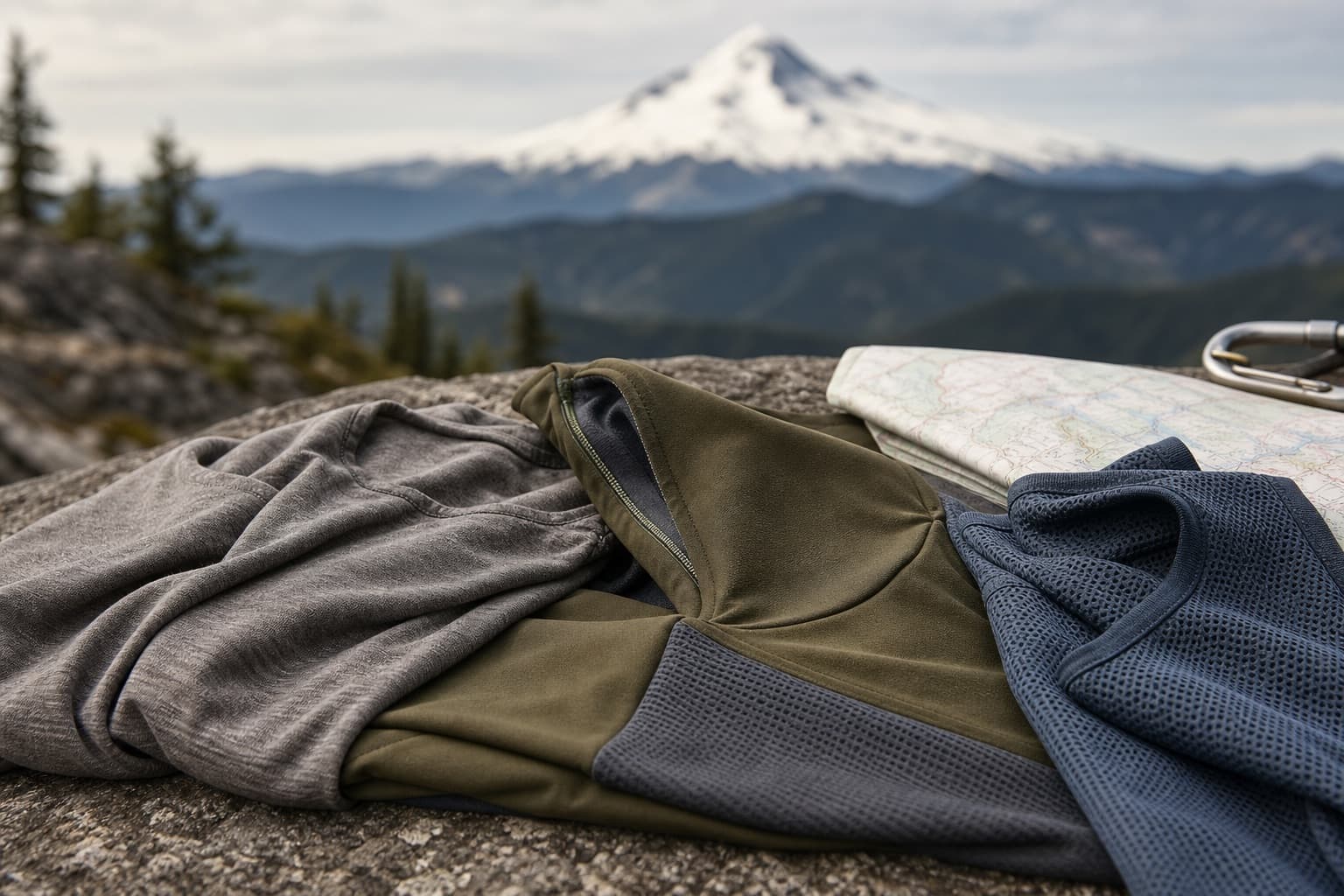Folded stacks of merino jersey, softshell, and ripstop nylon fabric arranged on a mossy log with fir trees and a fog-draped Cascade ridgeline in the background