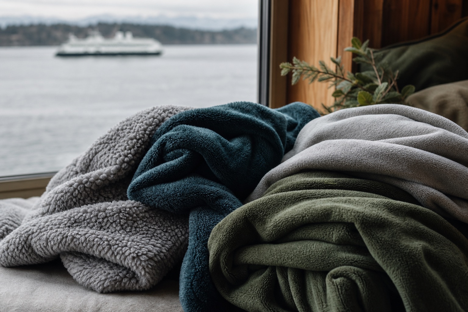 Folded stacks of polar fleece, microfleece, and sherpa fabric in muted greens and grays arranged on a weathered wooden ferry railing, with the misty waters of Puget Sound and a forested shoreline in the background