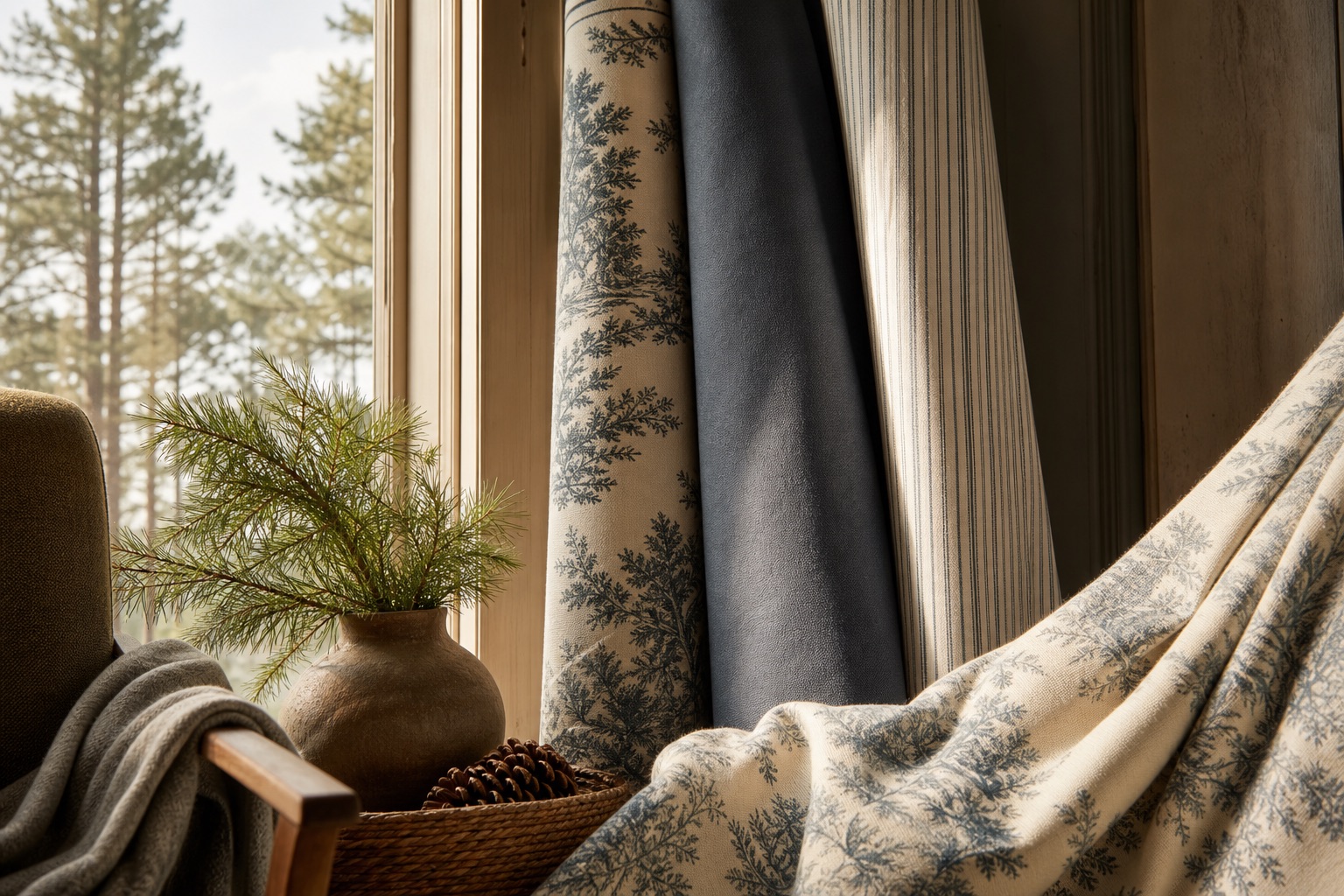 Folded bolts of velveteen, ticking stripe, toile, and sheer drapery fabric stacked on a wooden table beside a frost-edged window with ponderosa pines visible outside.