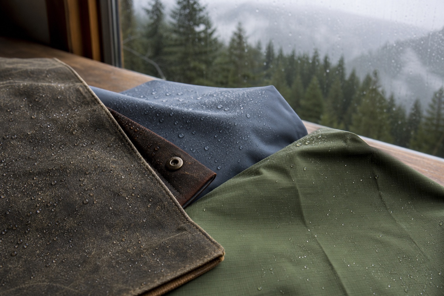 Bolts of waxed canvas, ripstop nylon, and laminated shell fabric draped over a weathered wooden rail, with rain-beaded droplets on the fabric surfaces and misty evergreen forest in the background