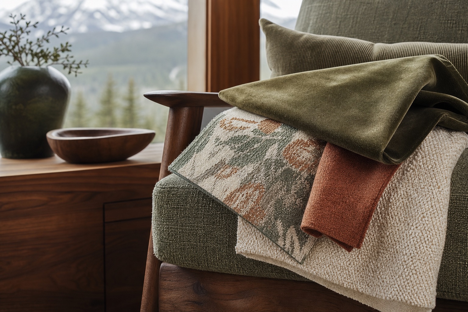 Stacked bolts of chenille, jacquard, wool boucle, and heavy canvas upholstery fabric arranged on a leather armchair beside a timber-framed window with snowy Idaho mountains in the distance