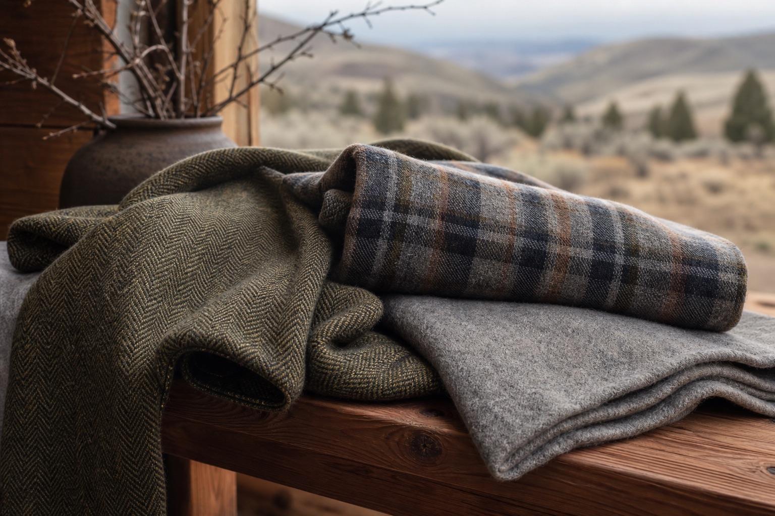 Folded bolts of melton, tweed, and wool flannel in moss green, charcoal, and rust stacked on a wooden table beside a rain-streaked window, with fir trees and low clouds visible outside