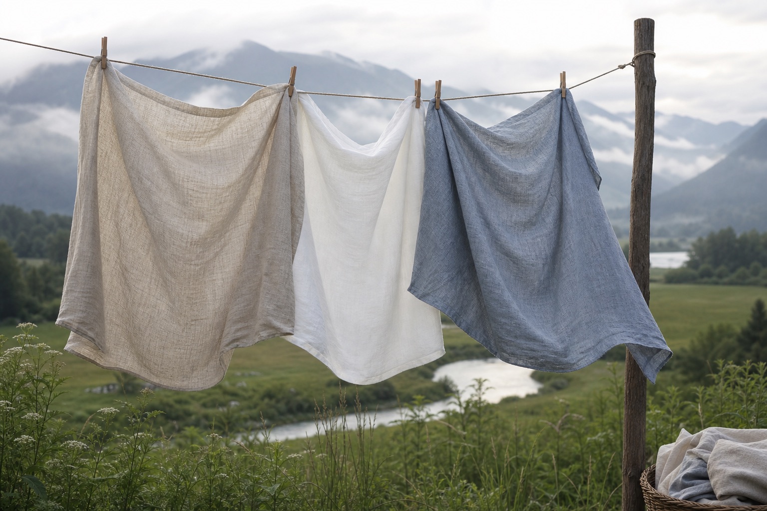 Folded stacks of natural, oatmeal, and sage-toned linen fabrics on a weathered wooden table beside a window overlooking green Willamette Valley farmland on an overcast morning
