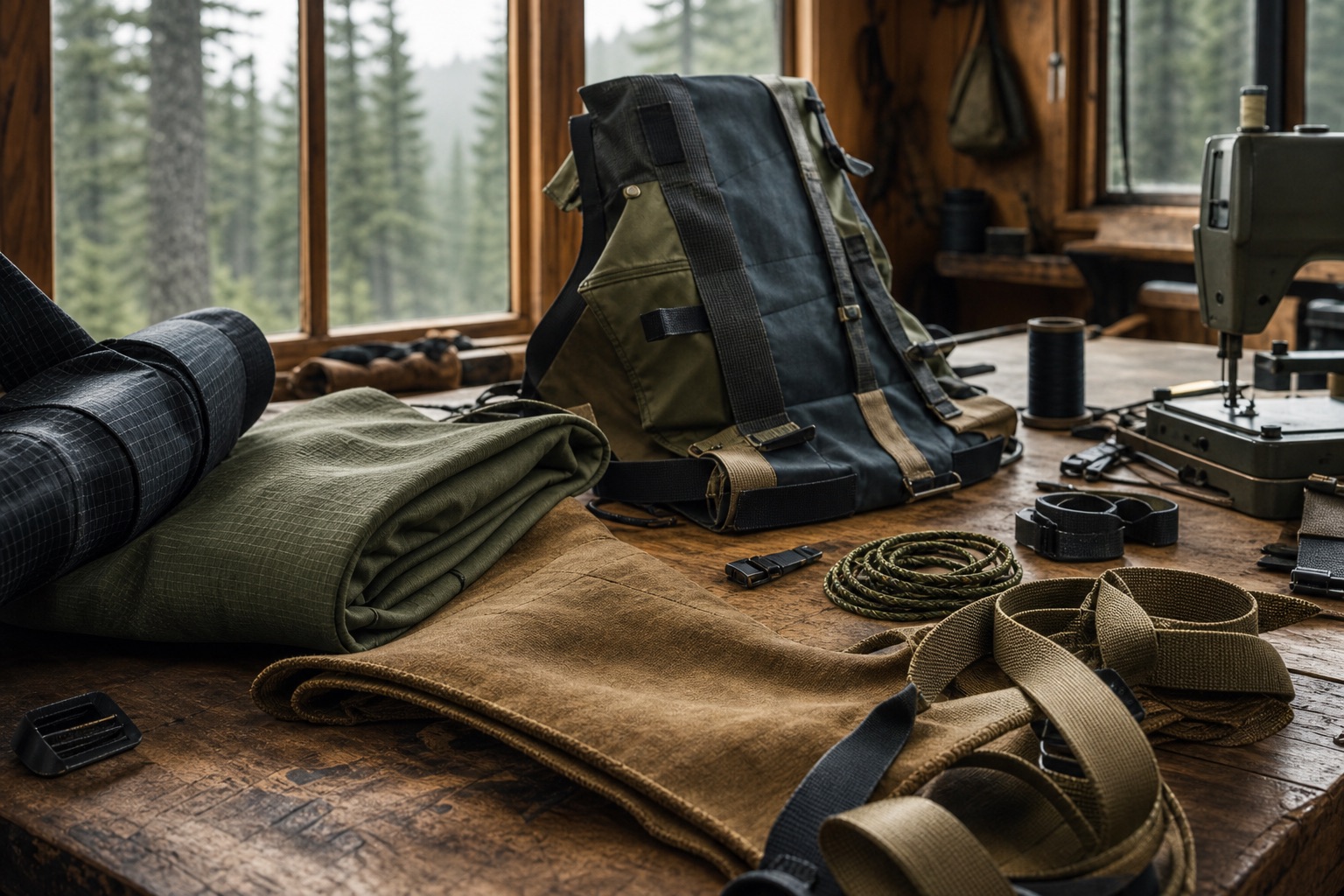 Rolls of ripstop nylon, waxed canvas, and laminated shell fabric stacked on a workbench beside a half-finished backpack, with rain-streaked windows and evergreen trees visible outside
