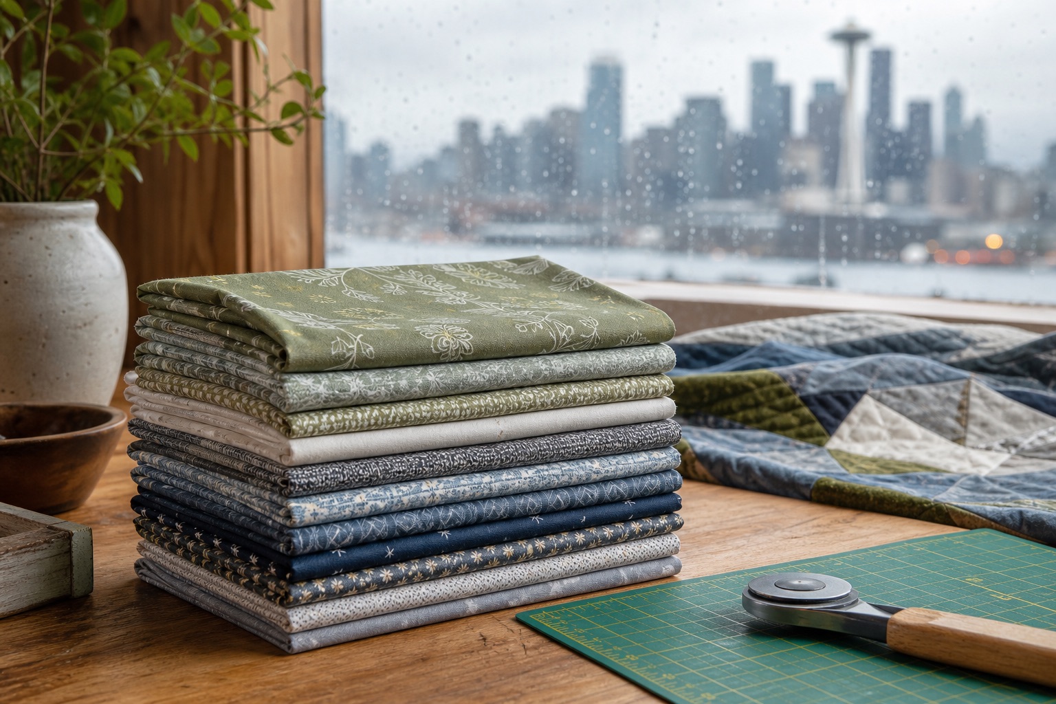 Folded stacks of quilting cotton, batik, and flannel in evergreen, slate, and rain-cloud tones arranged on a wooden table beside a window overlooking misty Puget Sound conifers